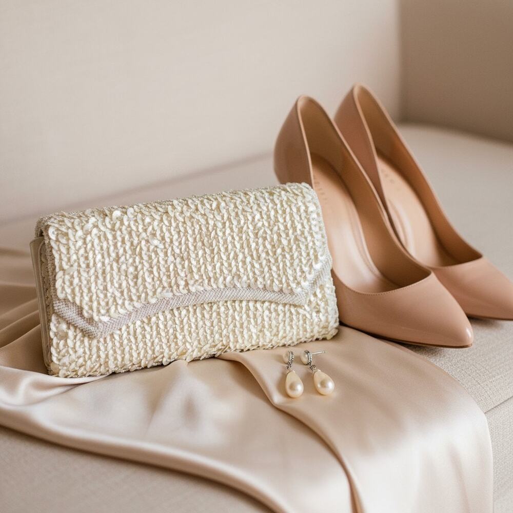 Vintage Hong Kong Beaded Sequin Clutch-Cream-Evening Bag-Bridal Wedding Purse